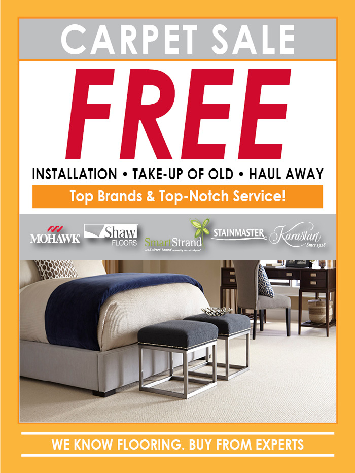 Carpet Sale - FREE Installation, take-up and haul away! Top Brands & Top-Notch Service from the experts at Erskine Interiors.